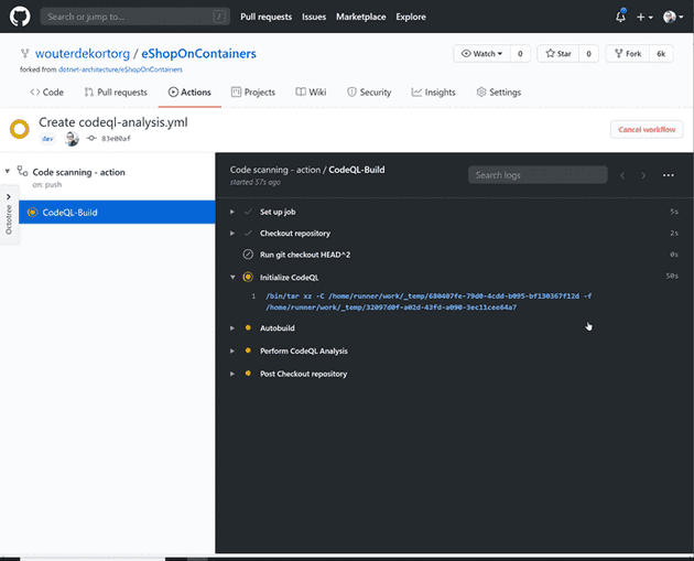 An Action workflow runs Code Scanning