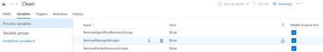 The Clean definition has three parameters that you set at queue time to cleanup Azure resources